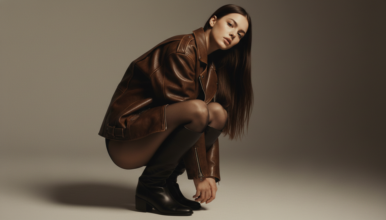 Промпт для фото в стиле 📸 Дерзкая кожанка: fashion-съемка в теплых тонах