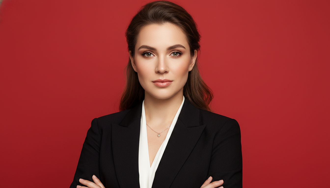 Промпт для фото в стиле 📸 Деловой портрет на алом фоне: элегантность в деталях