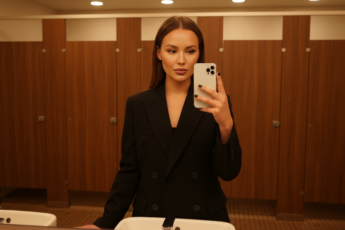 Промпт для фото в стиле 📱 Деловой селфи-момент в стильной уборной
