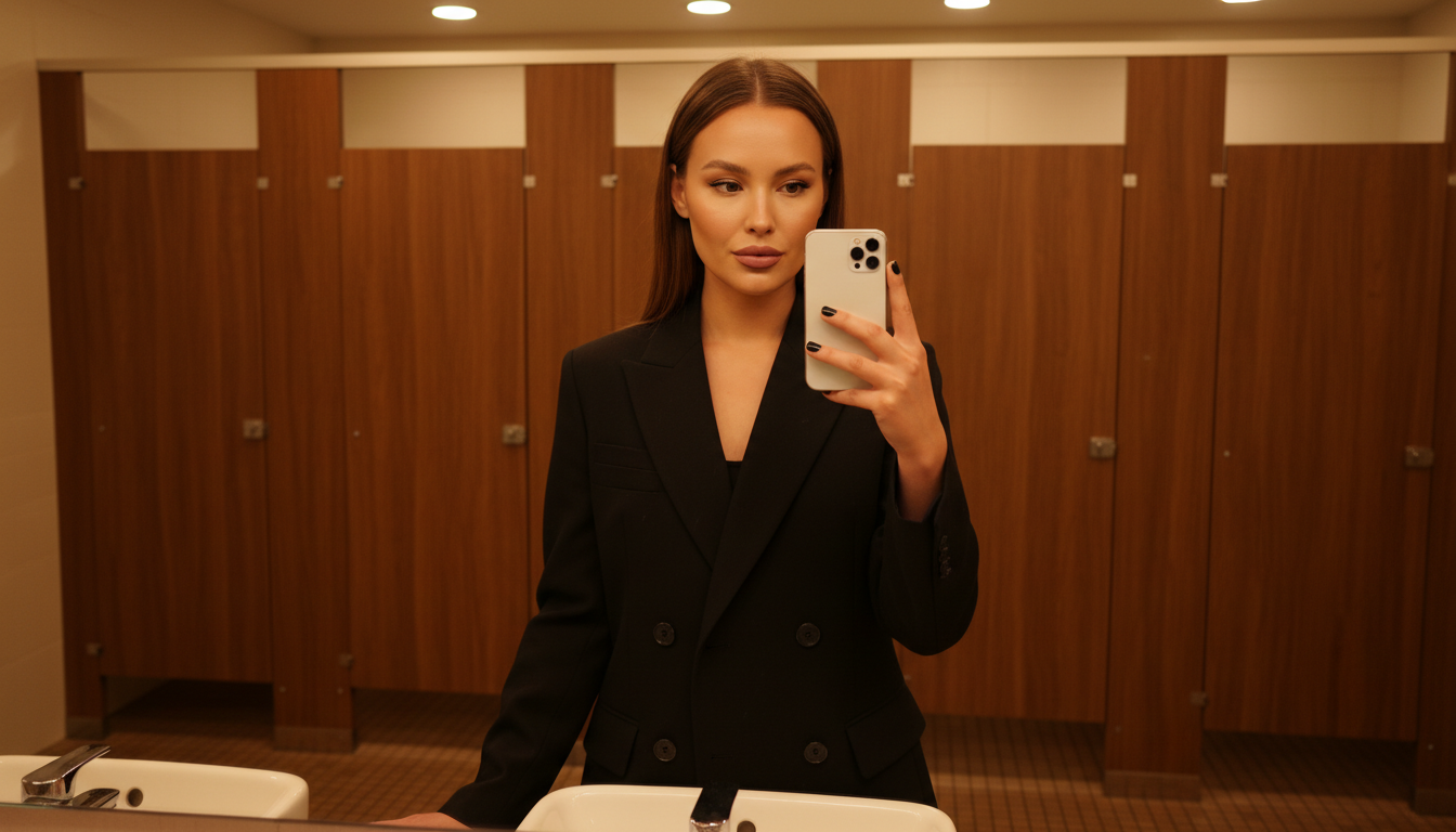 Промпт для фото в стиле 📱 Деловой селфи-момент в стильной уборной