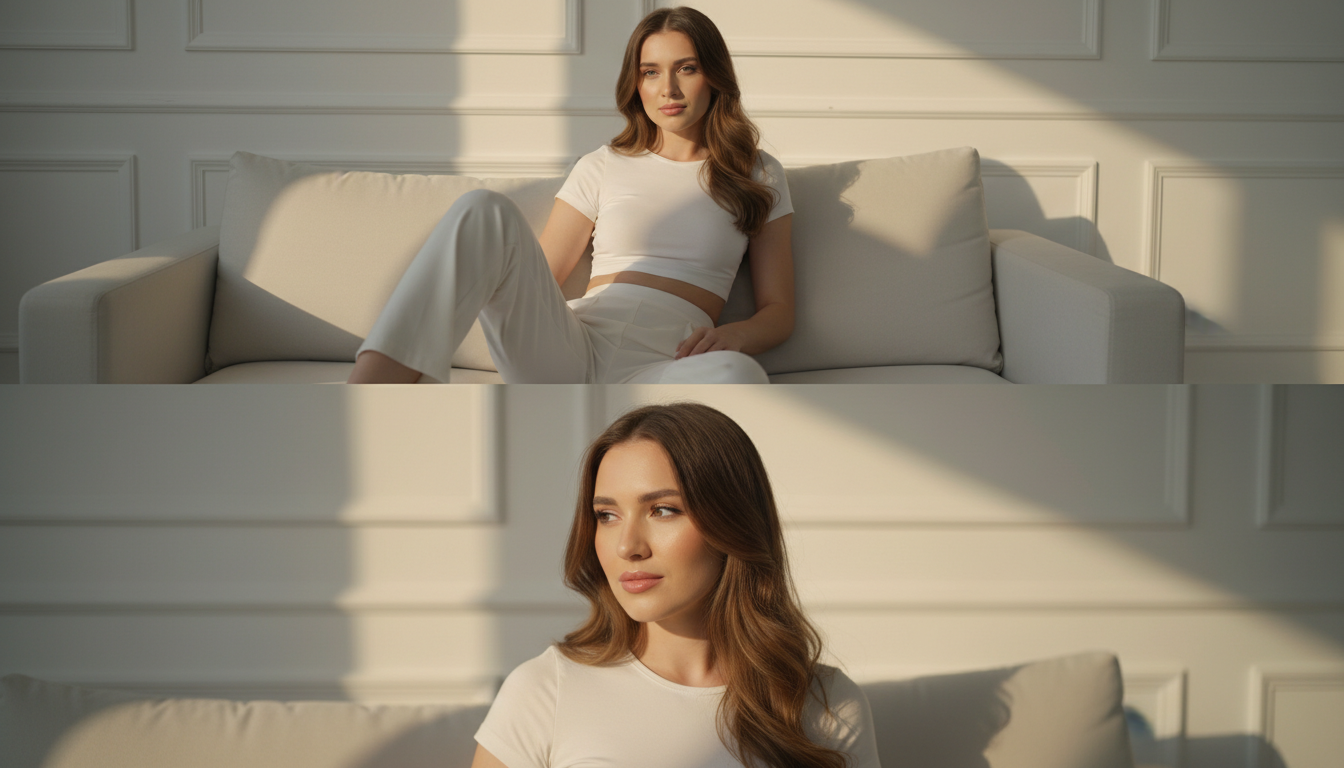 Промпт для фото в стиле 📸 Уютная домашняя фотосессия: диптих в теплых тонах