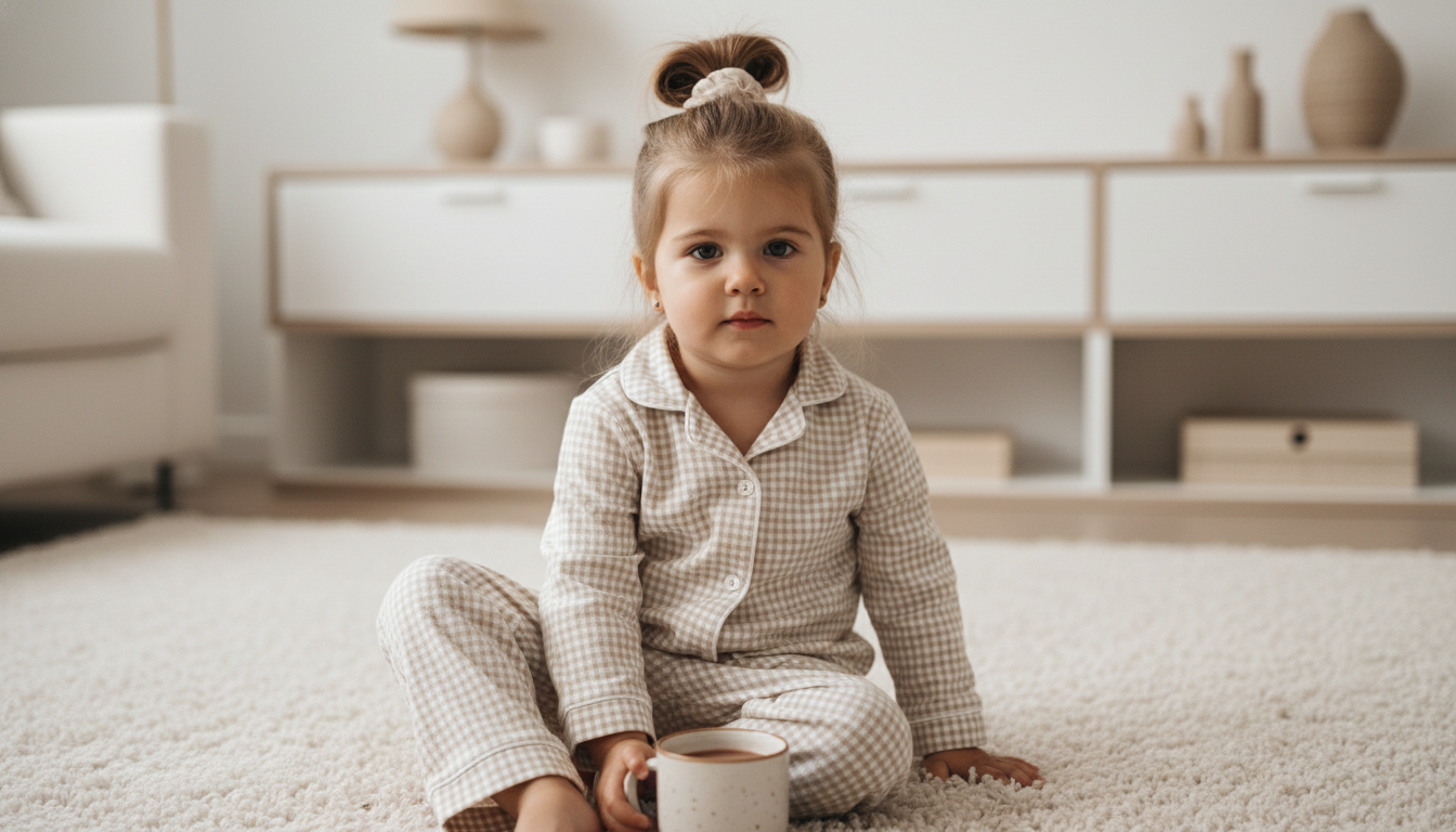 Промпт для фото в стиле 🌅 Уютное утро маленькой принцессы в пижаме