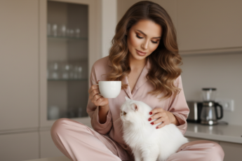 Промпт для фото в стиле 🌅 Уютное утро: кофе, котик и нежный свет