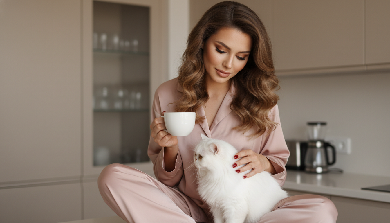 Промпт для фото в стиле 🌅 Уютное утро: кофе, котик и нежный свет