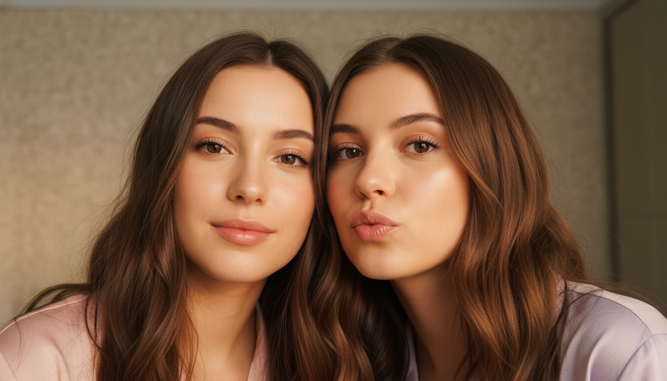 Промпт для фото в стиле 📸 Уютное домашнее селфи лучших подруг в пижамах