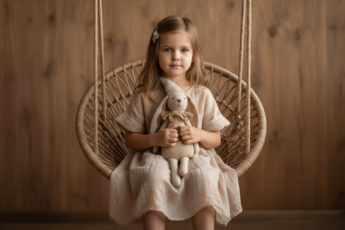 Промпт для фото в стиле 🎠 Уютная история: девочка, кролик и плетёное кресло