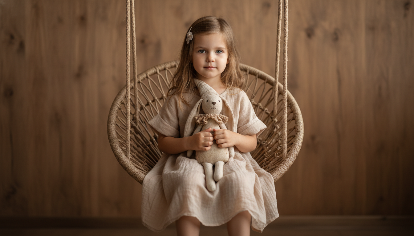 Промпт для фото в стиле 🎠 Уютная история: девочка, кролик и плетёное кресло