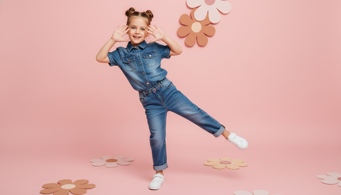 Промпт для фото в стиле 🌸 Танцующая девочка в джинсовом наряде: студийная сказка