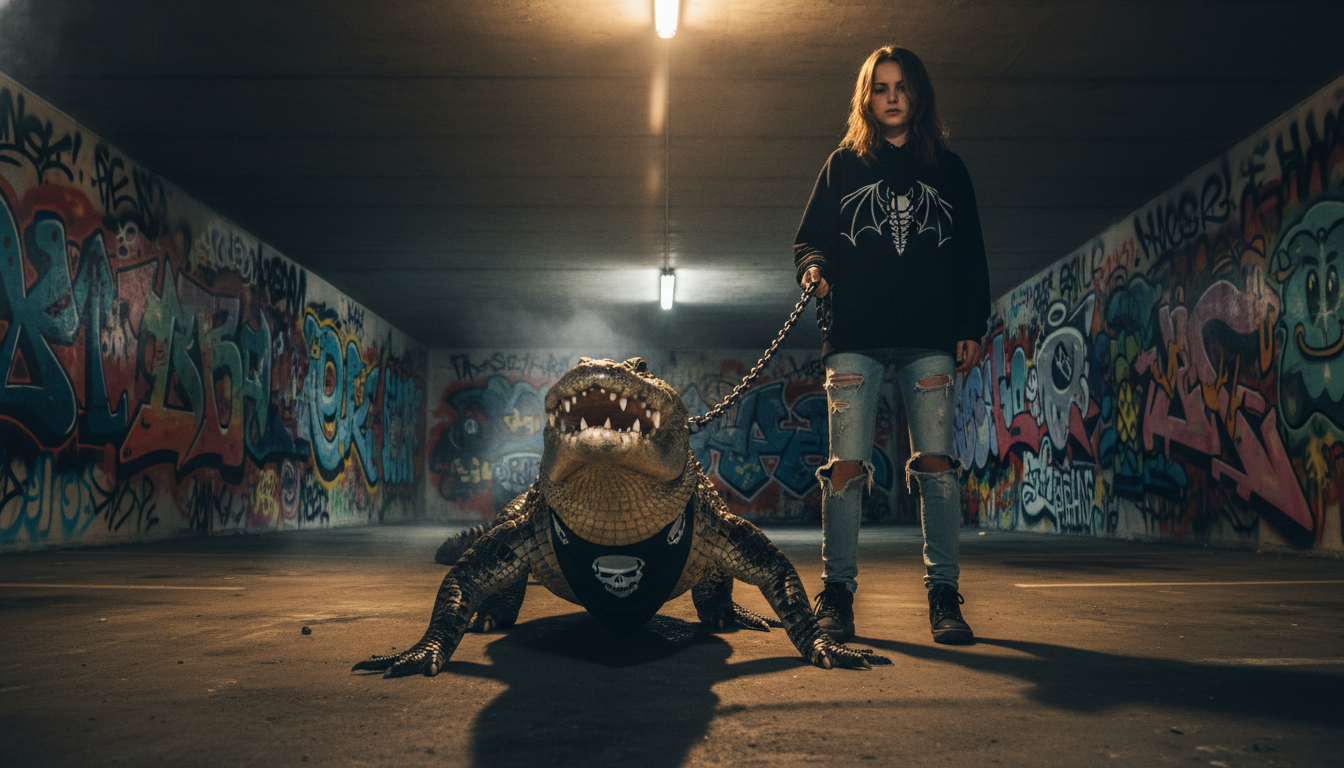 Промпт для фото в стиле 🐊 Дерзкая прогулка с аллигатором в подземке
