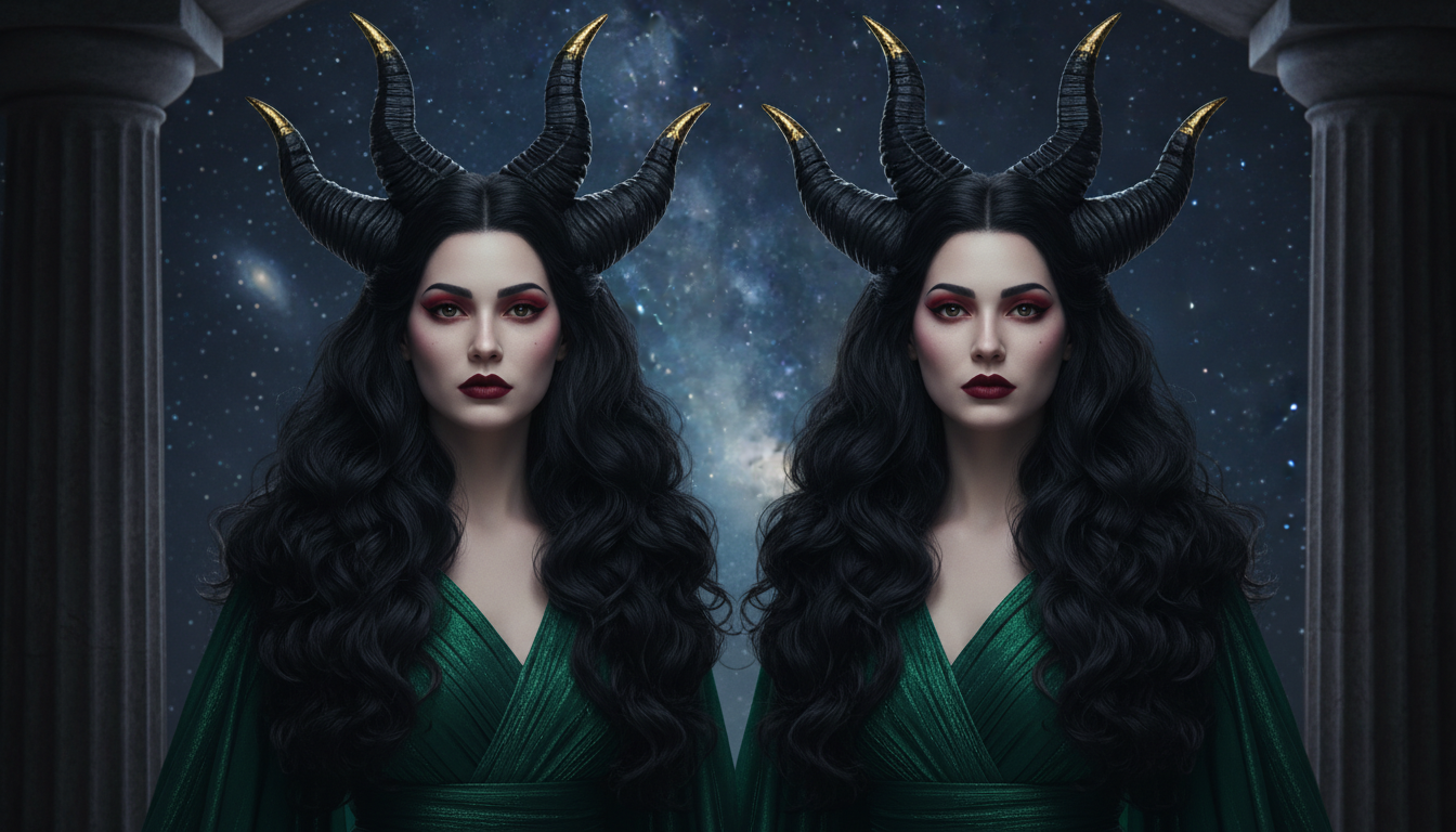 Промпт для фото в стиле 🌙 Сестры тьмы: портрет демонической элегантности