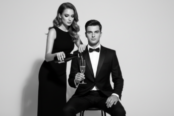 Промпт для фото в стиле 🍾 Элегантный дуэт в чёрно-белом: история одного бокала