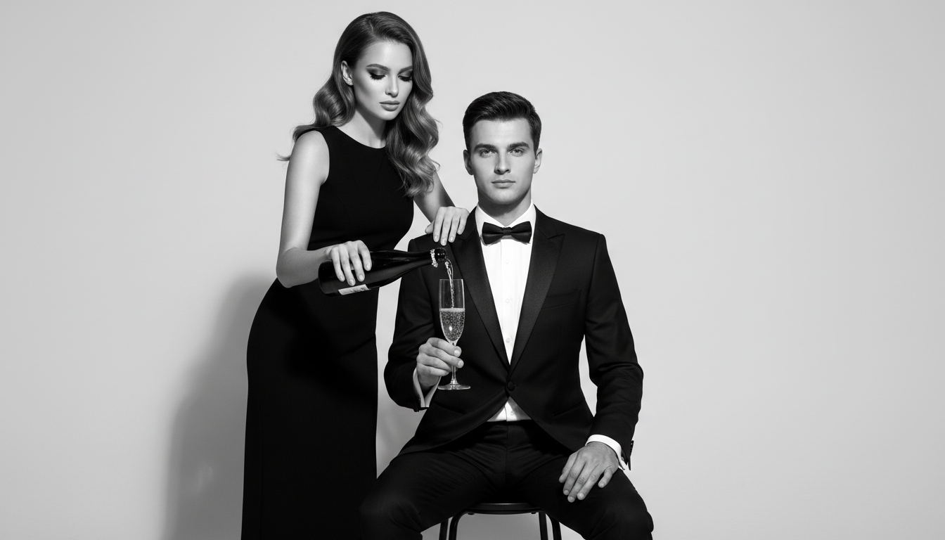 Промпт для фото в стиле 🍾 Элегантный дуэт в чёрно-белом: история одного бокала