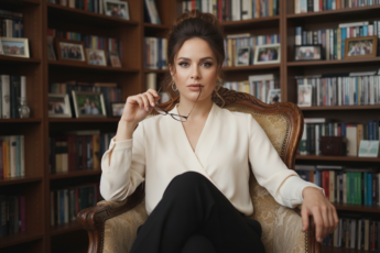 Промпт для фото в стиле 📚 Элегантная бизнес-леди в личной библиотеке
