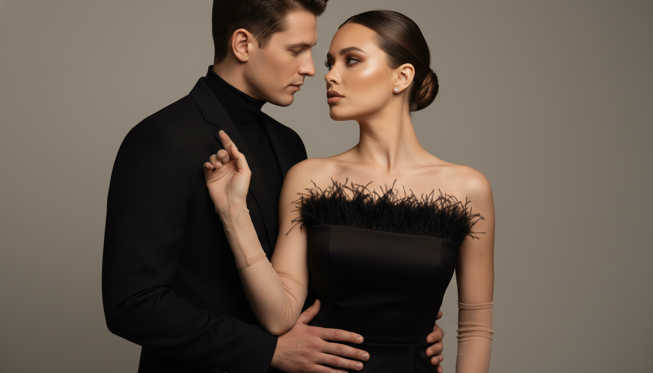 Промпт для фото в стиле 📸 Элегантная пара в объятиях студийного света