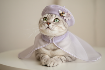 Промпт для фото в стиле 🎀 Изящный портрет питомца в сиреневом берете