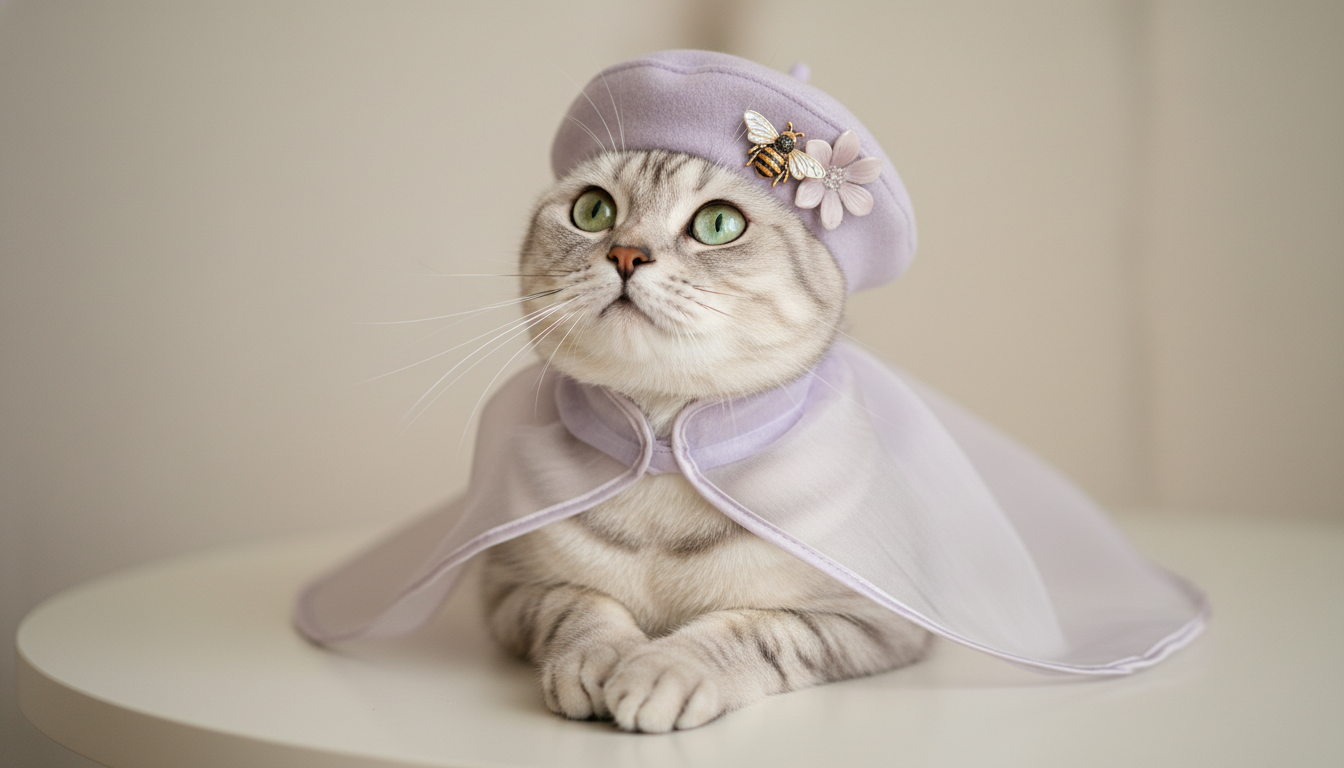 Промпт для фото в стиле 🎀 Изящный портрет питомца в сиреневом берете