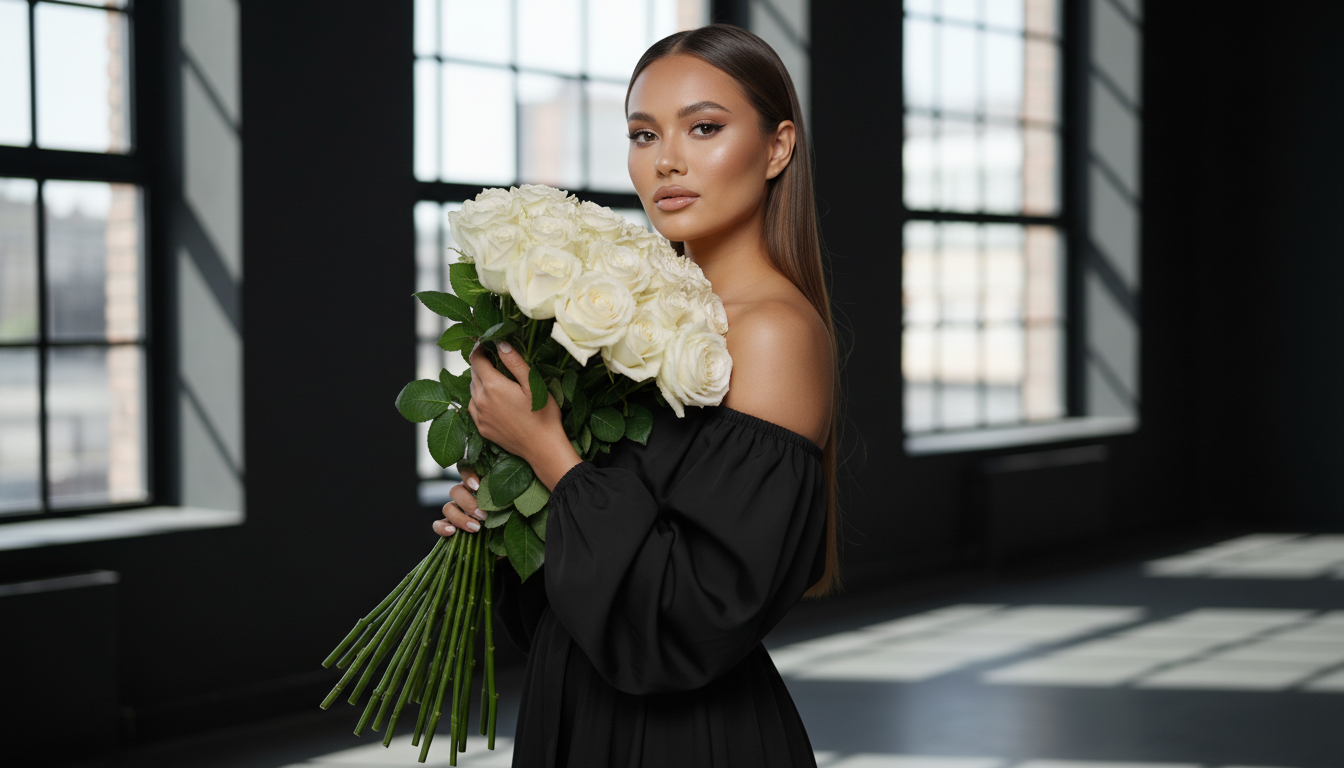 Промпт для фото в стиле 🌹 Элегантный портрет с белыми розами в дневном свете