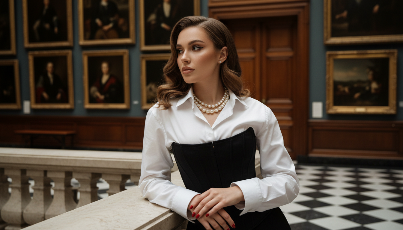 Промпт для фото в стиле 🎭 Элегантная незнакомка в музейных залах