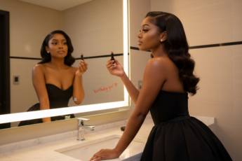 Промпт для фото в стиле 💄 Вечерний ритуал именинницы у зеркала