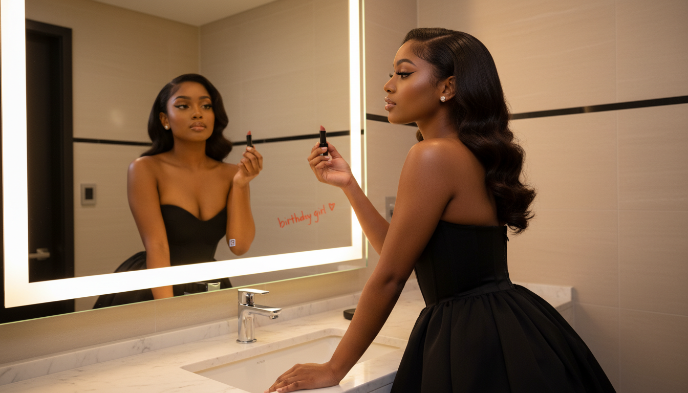 Промпт для фото в стиле 💄 Вечерний ритуал именинницы у зеркала