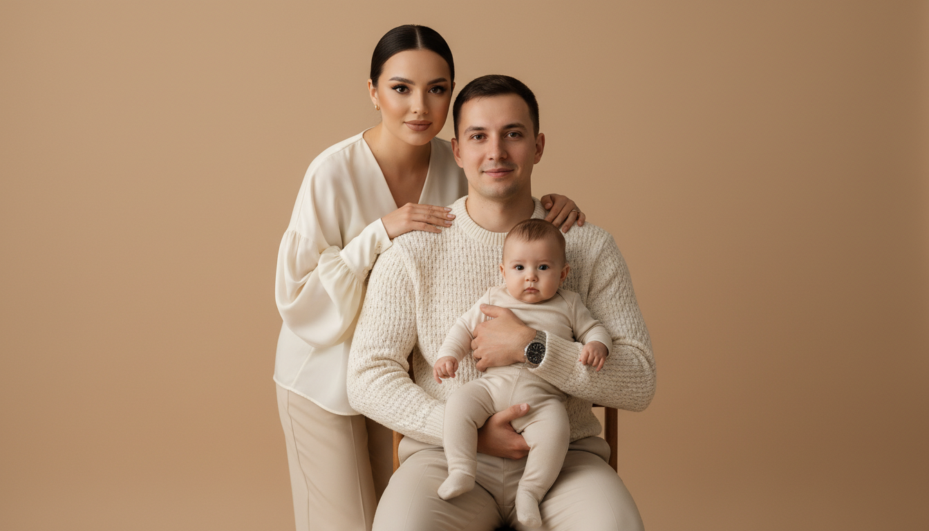 Промпт для фото в стиле 👨‍👩‍👦 Семейный портрет в нежных бежевых тонах
