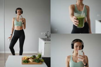 Промпт для фото в стиле 🥤 Фитнес-утро с зеленым смузи и селфи