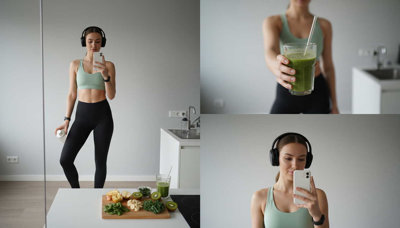 Промпт для фото в стиле 🥤 Фитнес-утро с зеленым смузи и селфи
