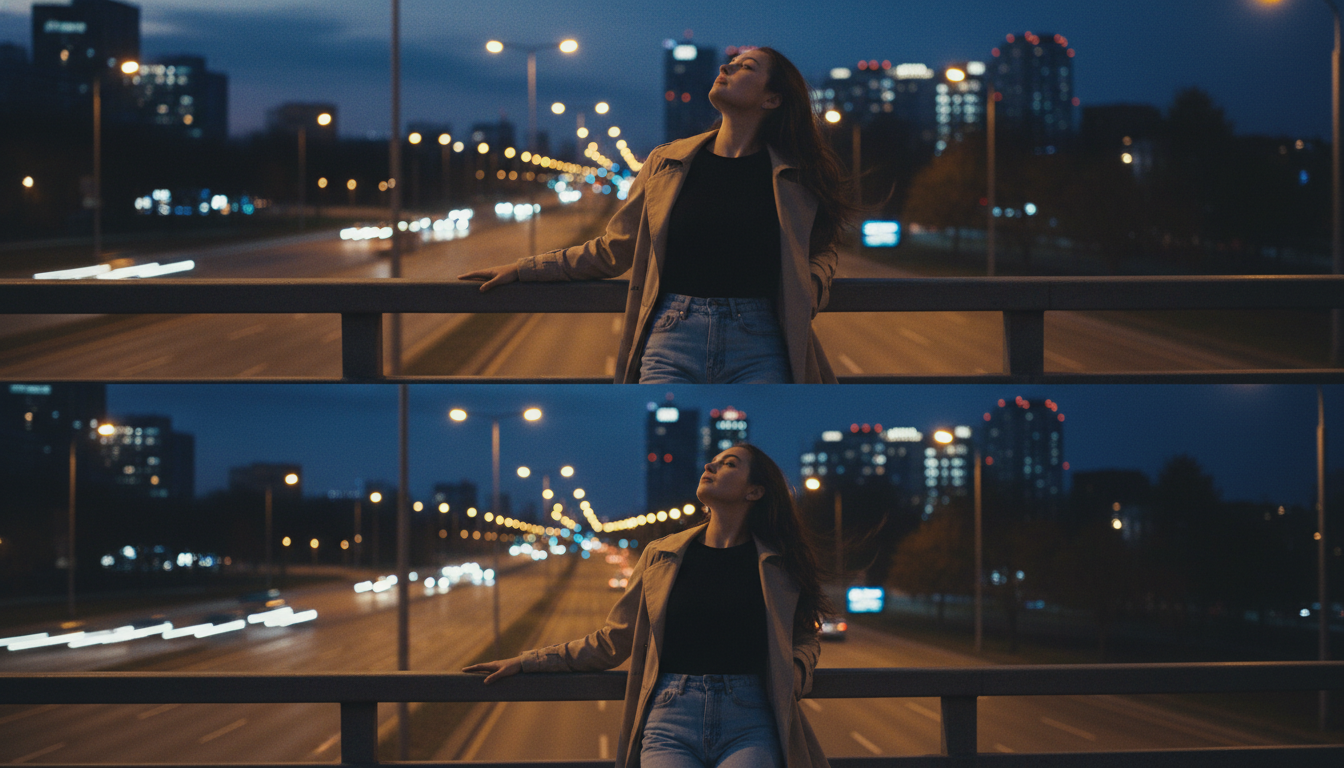 Промпт для фото в стиле 🌃 Свобода над ночным городом: кадры из непрожитого фильма