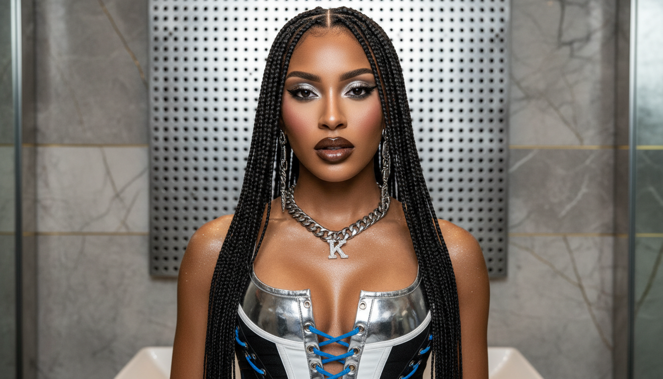 Промпт для фото в стиле 🌟 Королева футуристичного глэма: мокрый блеск и металл