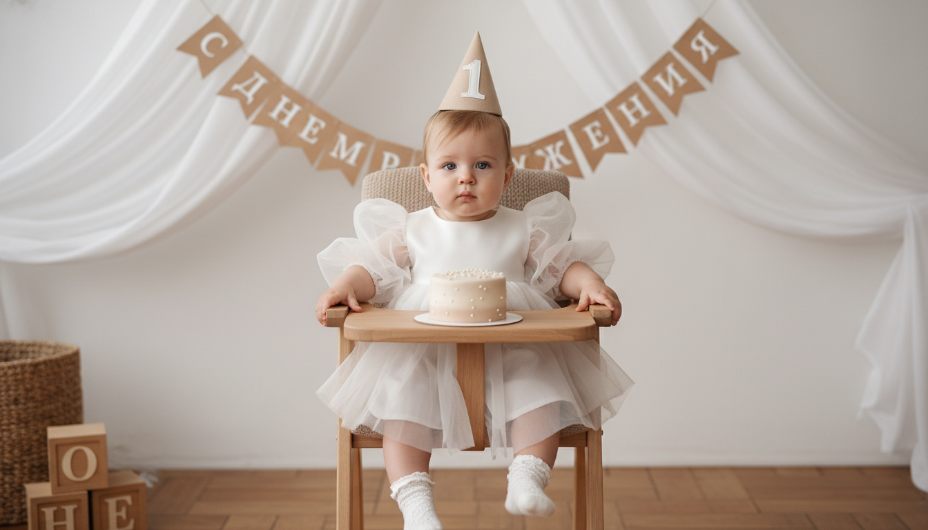 Промпт для фото в стиле 🎂 Нежный первый день рождения в пастельных тонах