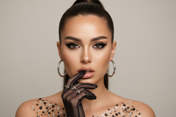 Промпт для фото в стиле 📸 Гламурный портрет в черных стразах и перчатках