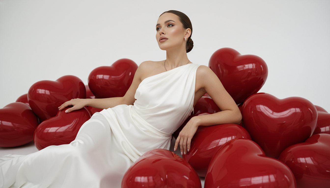 Промпт для фото в стиле 🎭 Грация в плену алых сфер: студийный портрет