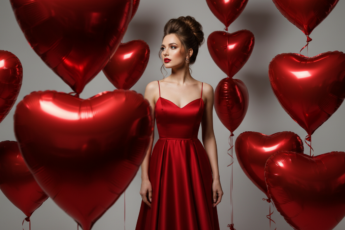 Промпт для фото в стиле 💝 Леди в красном: романтичная фотосессия с летающими сердцами