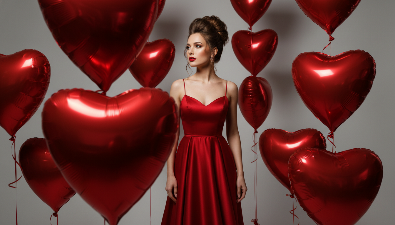 Промпт для фото в стиле 💝 Леди в красном: романтичная фотосессия с летающими сердцами