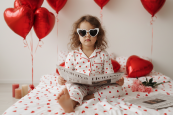 Промпт для фото в стиле 💝 Маленькая модница читает газету в День всех влюбленных