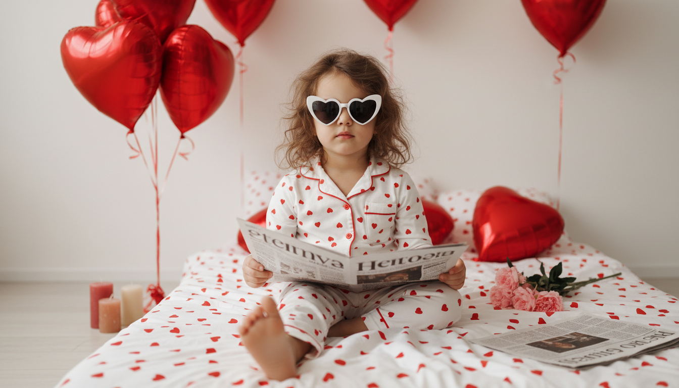 Промпт для фото в стиле 💝 Маленькая модница читает газету в День всех влюбленных