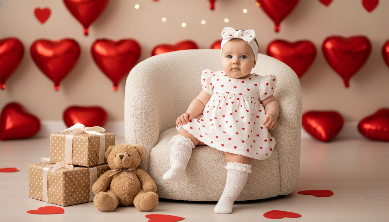 Промпт для фото в стиле 👶 Маленькая принцесса в мире сердец и подарков