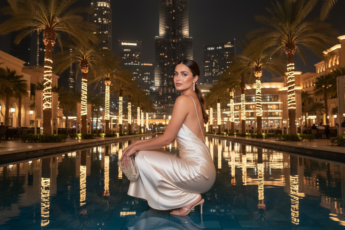 Промпт для фото в стиле 🌙 Роскошь дубайской ночи: элегантный портрет у дворца