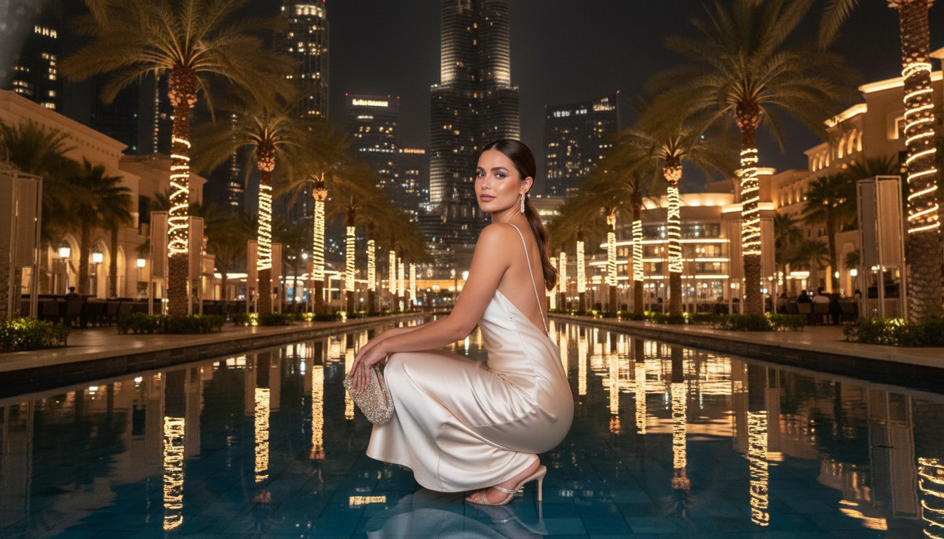Промпт для фото в стиле 🌙 Роскошь дубайской ночи: элегантный портрет у дворца