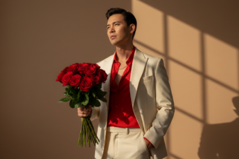 Промпт для фото в стиле 🌹 Роскошный джентльмен с алыми розами в теплом свете