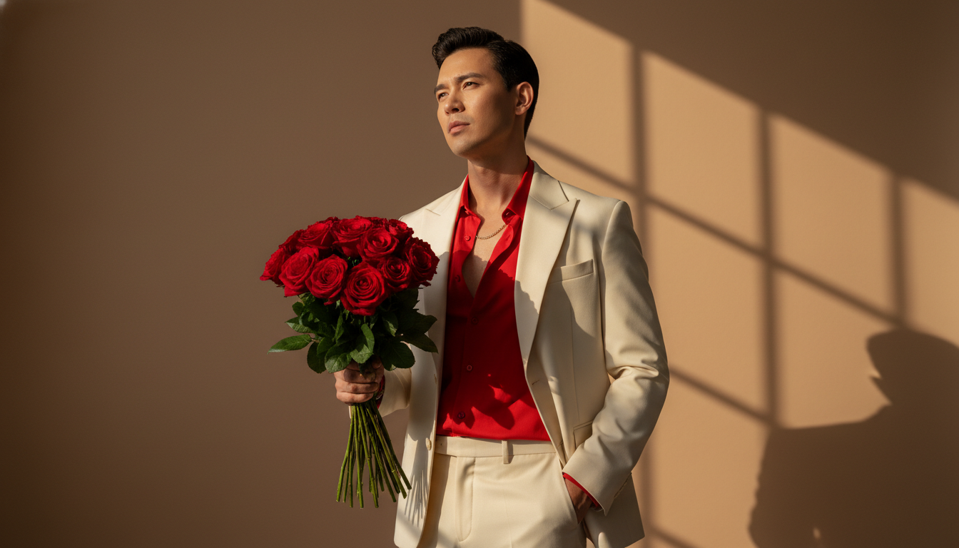 Промпт для фото в стиле 🌹 Роскошный джентльмен с алыми розами в теплом свете