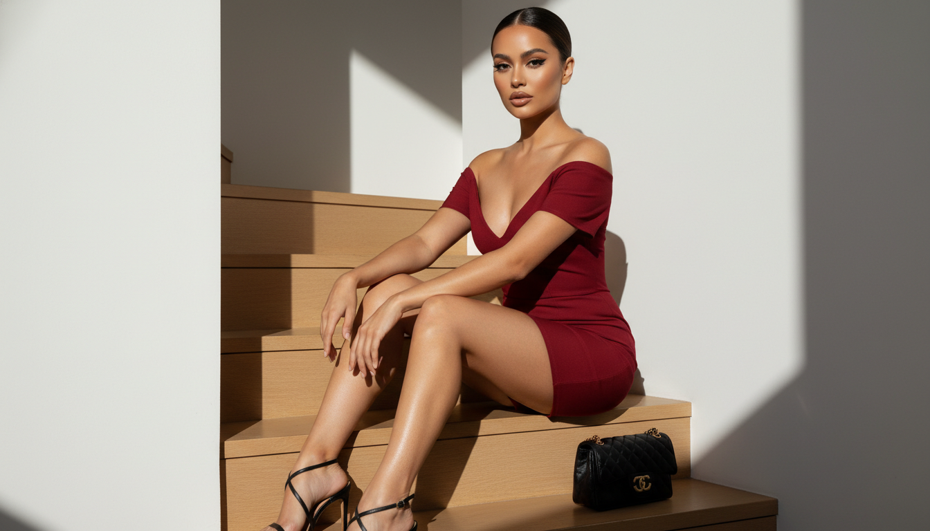 Промпт для фото в стиле 📸 Роскошная съемка в красном на деревянной лестнице