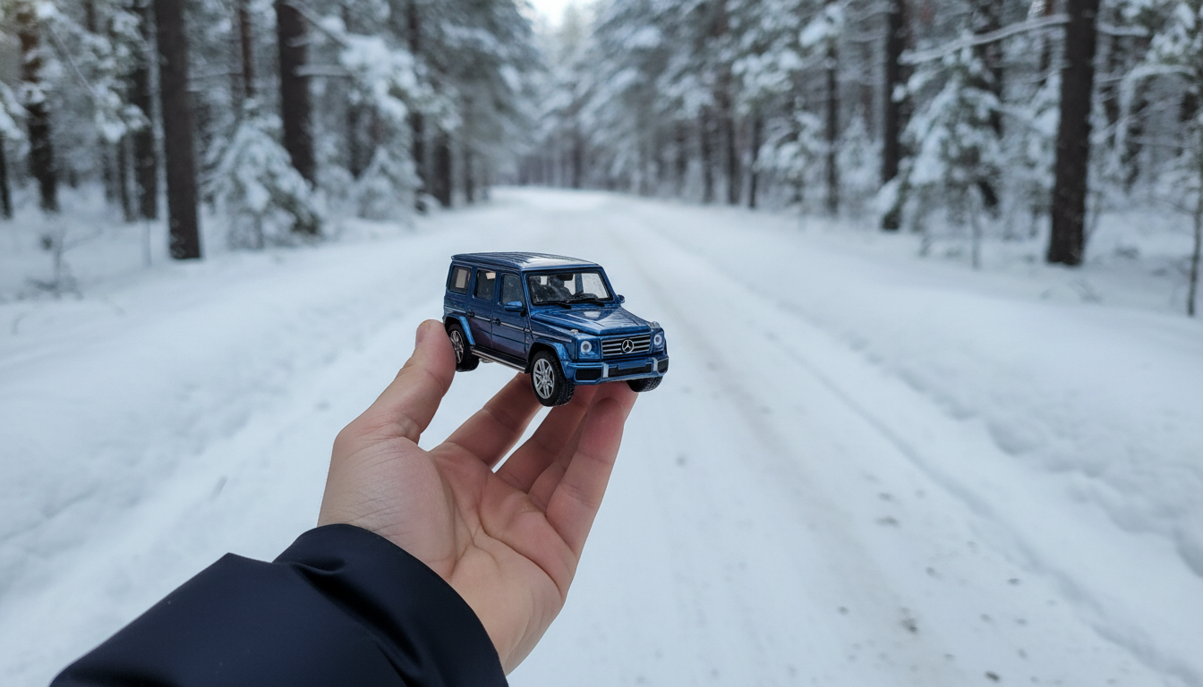Промпт для фото в стиле 🚗 Миниатюрная машина оживает в зимней сказке
