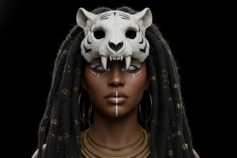 Промпт для фото в стиле 🎭 Мистический портрет шаманки в маске тигра