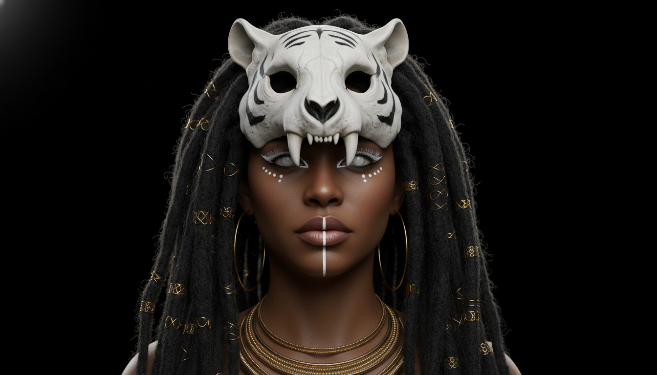 Промпт для фото в стиле 🎭 Мистический портрет шаманки в маске тигра