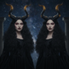 Промпт для фото в стиле 🌙 Мистические близнецы с рогами под звездным небом