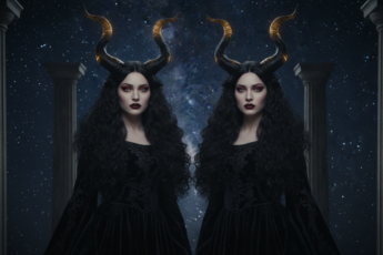 Промпт для фото в стиле 🌙 Мистические близнецы с рогами под звездным небом