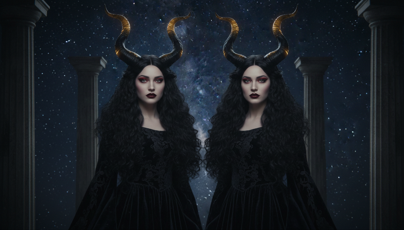 Промпт для фото в стиле 🌙 Мистические близнецы с рогами под звездным небом