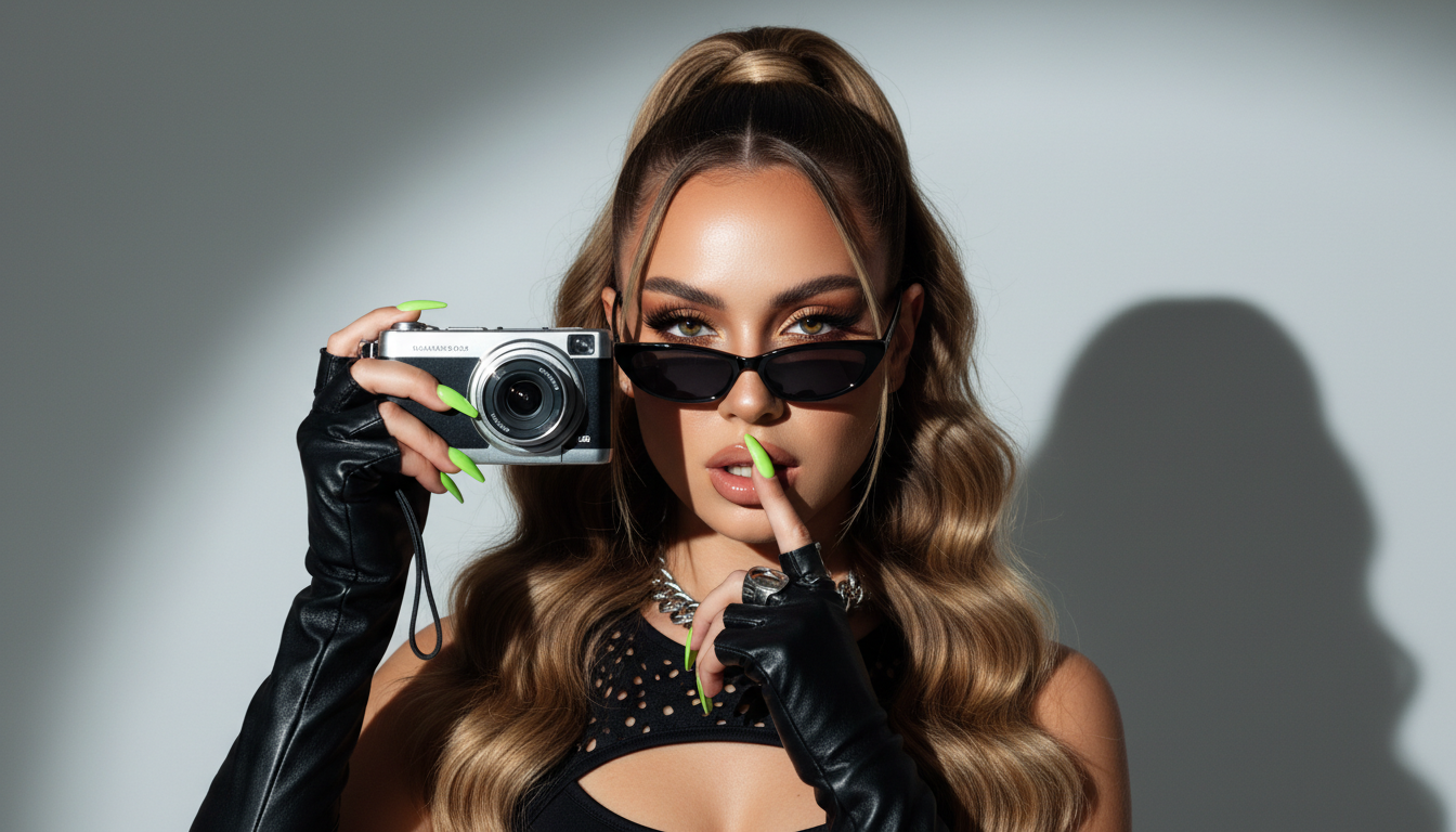 Промпт для фото в стиле 📸 Блогерша с неоновым акцентом: стильный фэшн-портрет