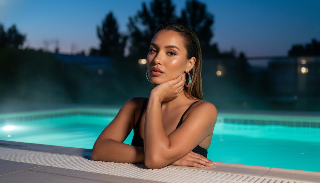 Промпт для фото в стиле 🌙 Ночное спа: роскошная фотосессия у бассейна